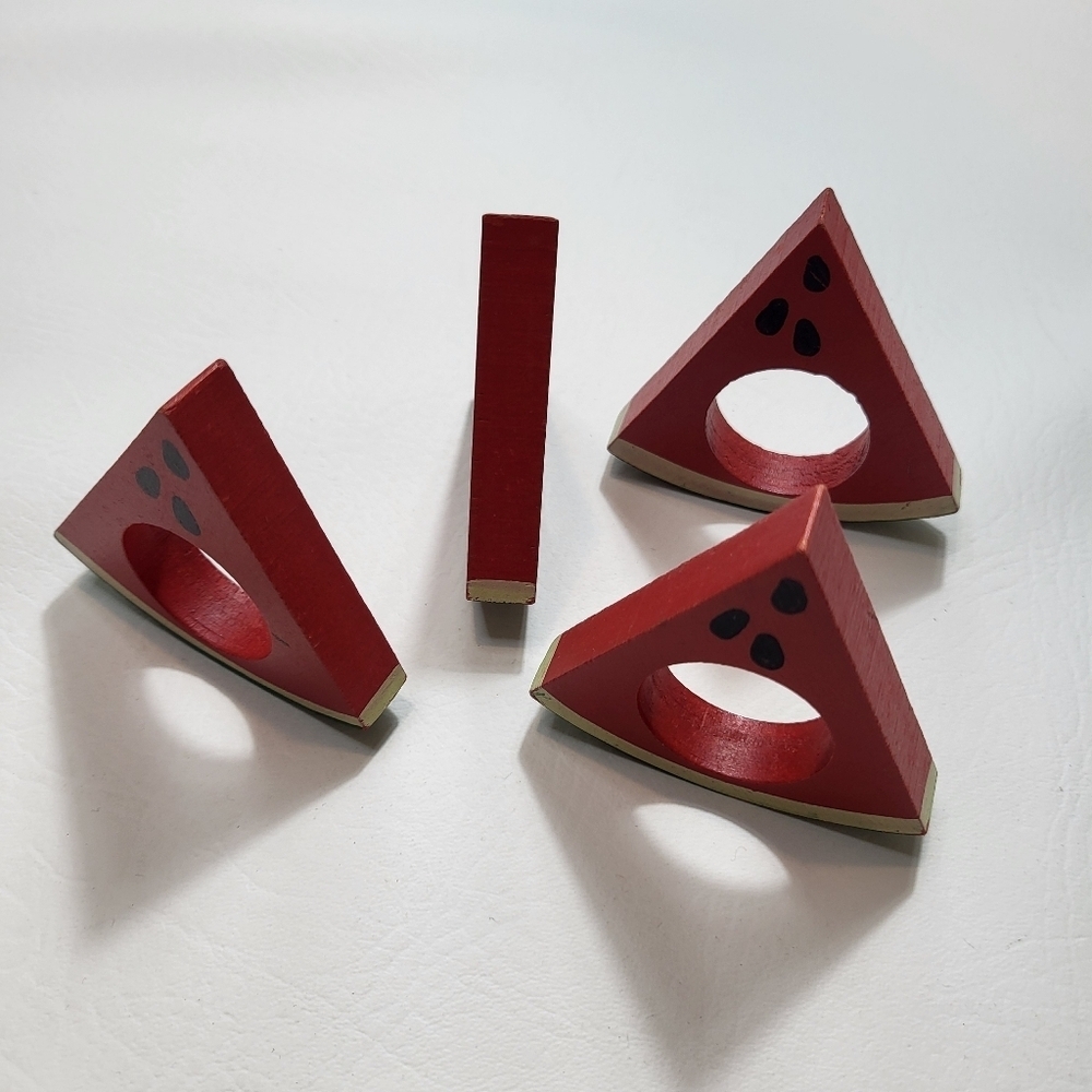 Watermelon Slice Wooden Red Green Black Napkin Rings Set Of 4 - Picture 3 of 3